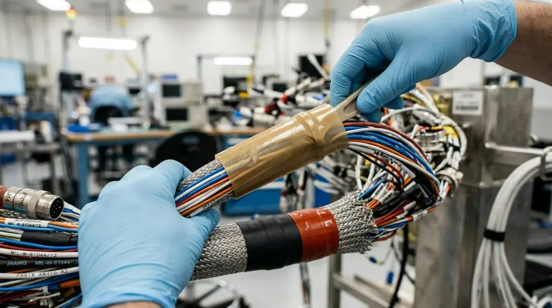 A multi-layered waterproofing insulation installation of a high-performance PEEK Sleeve over an aerospace wiring harness.